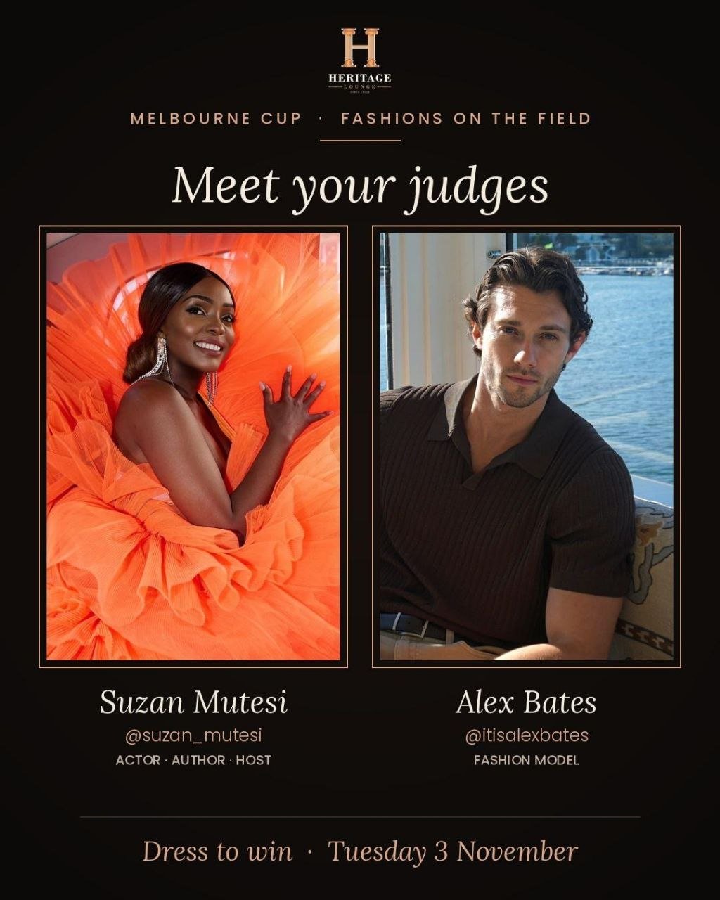 Fashions on the Field at Heritage Lounge, Melbourne Cup Day flyer featuring judges Suzan Mutesi and Alex Bates